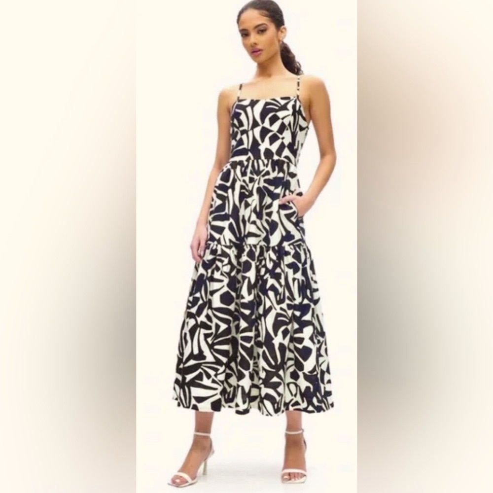 Christian Lacroix Strappy Linen Maxi Dress Abstract Floral in Black & White